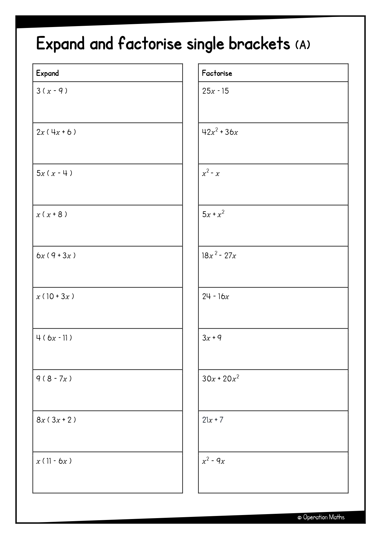 Expand and factorise worksheet