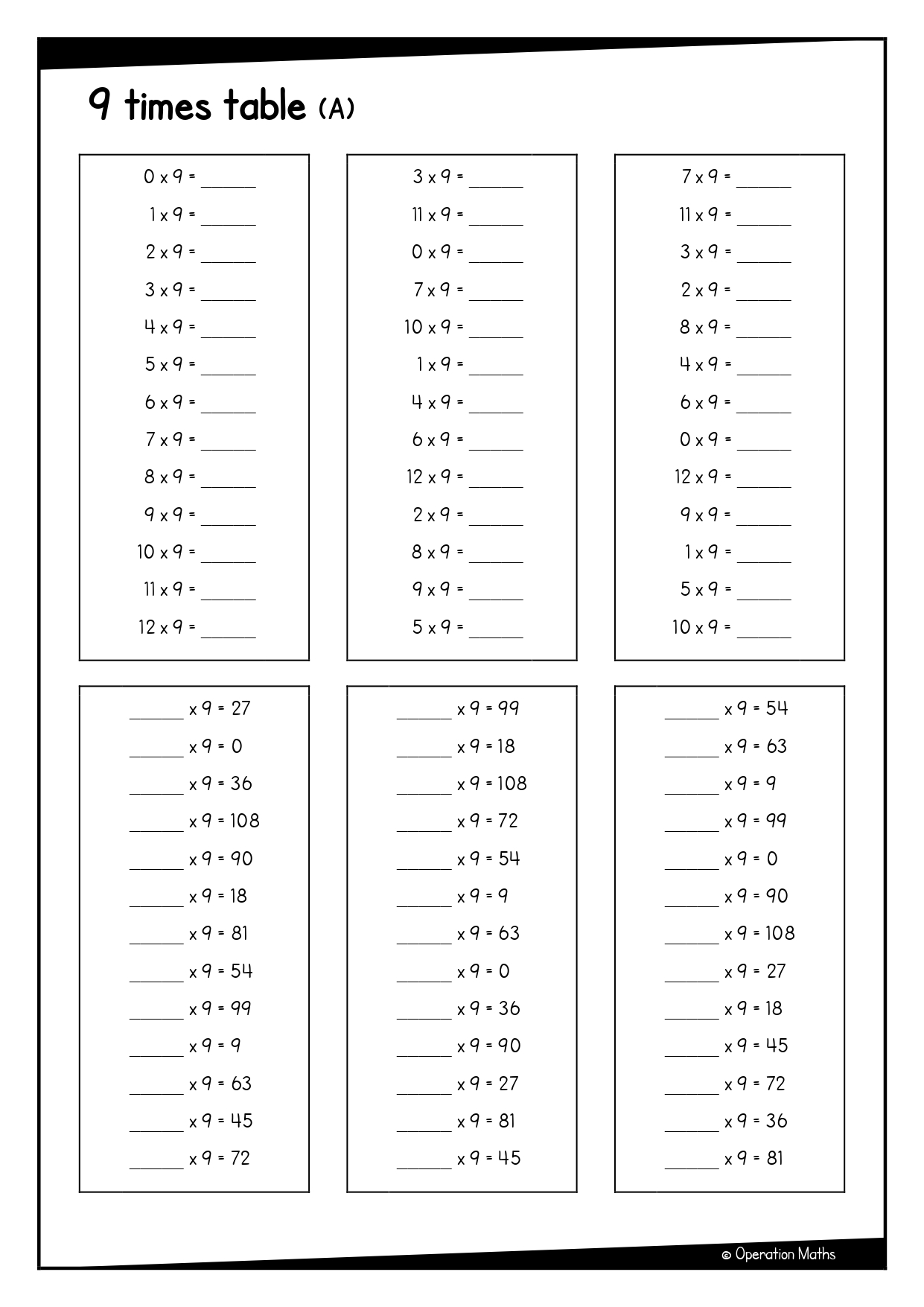 9 times table worksheet